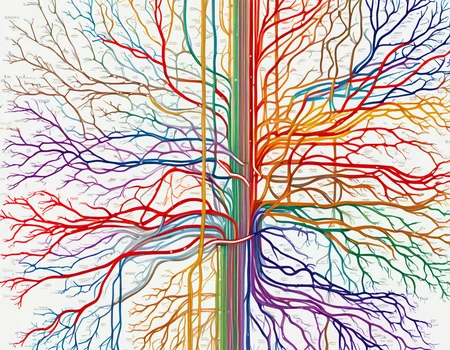 <lora:5ubw4ym4p_SDXL_SGX:1.0>illustration of a 5ubw4ym4p style map of the human blood vessels and nervous systems, outline of a human body, thick straight lines color-coded, with different colors representing different types of lines and stations, such as red, blue, green, yellow, orange, and purple. simple white background, highly detailed, sharp focus