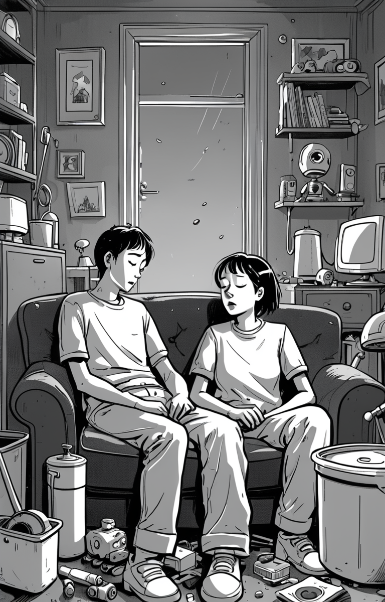 masterpiece,best quality,<lora:tbh373-sdxl:0.6>,illustration,style of exhausted people ,greyscale and white,comic portrait of Housework robots