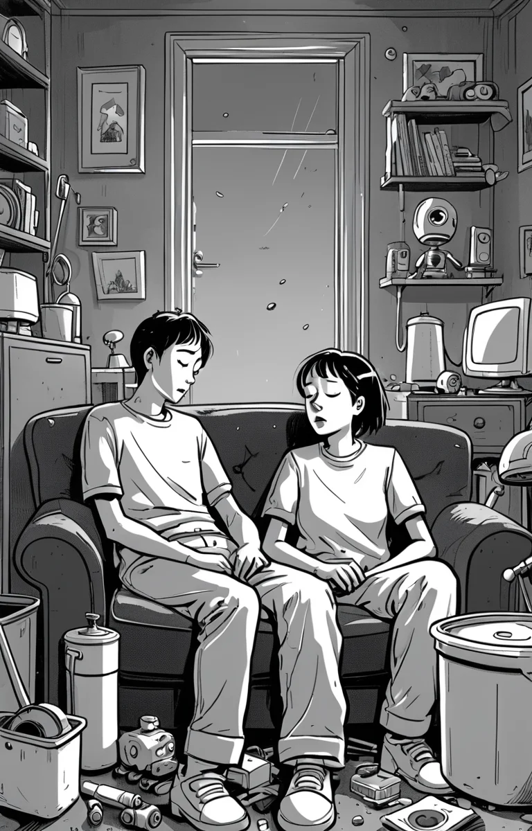 masterpiece,best quality,<lora:tbh373-sdxl:0.6>,illustration,style of exhausted people ,greyscale and white,comic portrait of Housework robots