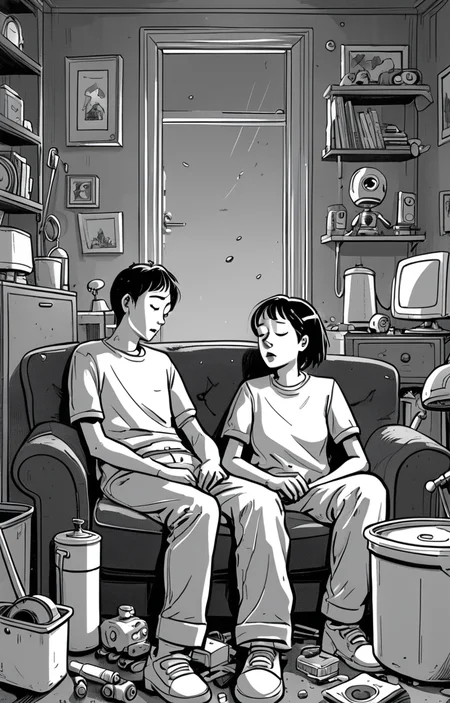 masterpiece,best quality,<lora:tbh373-sdxl:0.6>,illustration,style of exhausted people ,greyscale and white,comic portrait of Housework robots