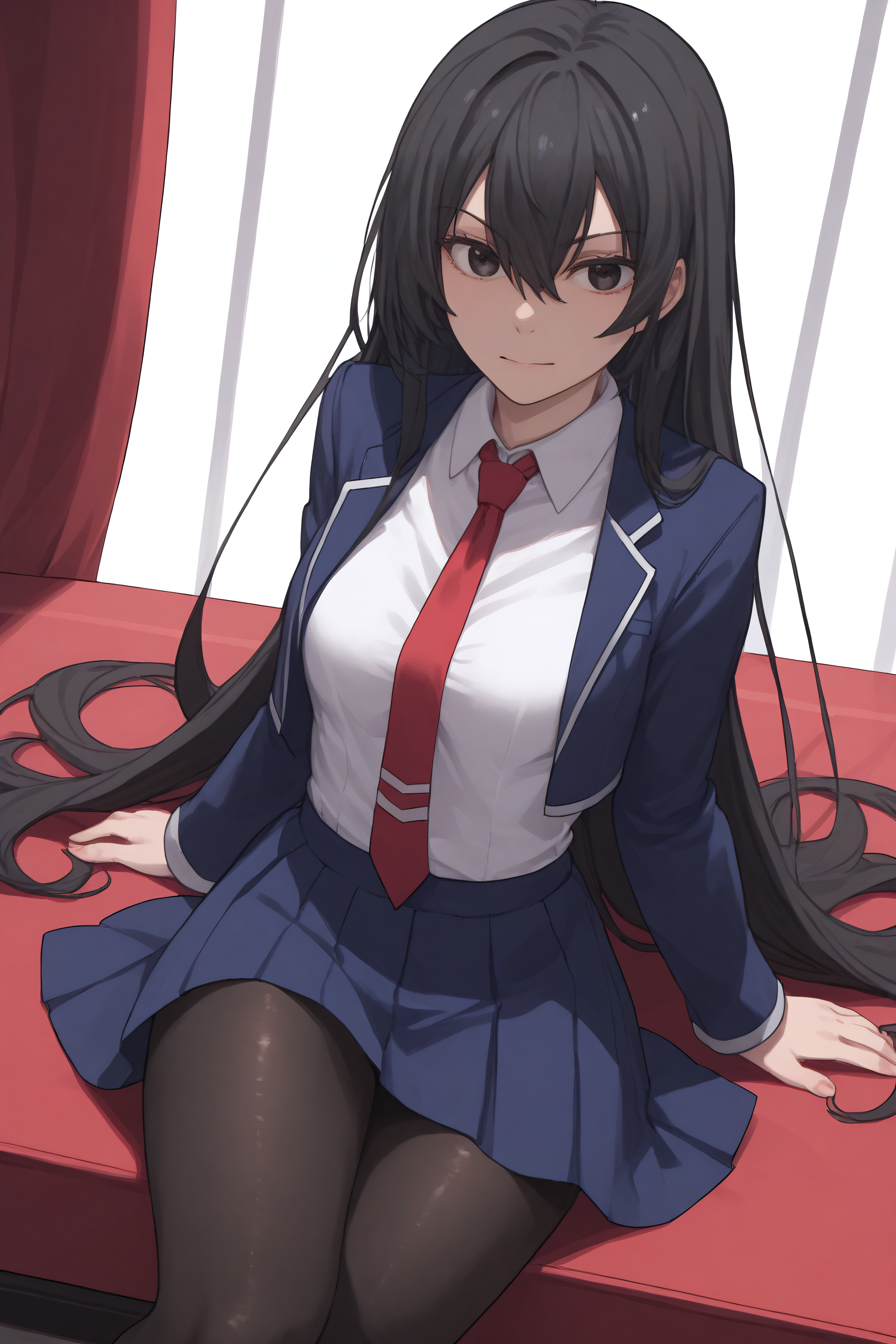 score_9, score_8_up, score_7_up, source_anime, <lora:Kirukiru Amou-PonyXL-lora-Faxtron:0.8> kirukiru amou, black eyes, black hair, very long hair, medium breasts, cropped blue blazer, white shirt, red necktie, blue skirt, black pantyhose,