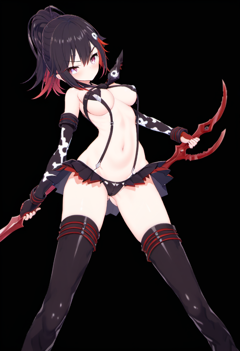 rating: sensitive,   (<lora:Rin_Rokuhara:1>, Rin, 1girl, skull hair ornament,  ponytail) hybrid with (<lora:Matoi_Ryuuko_SDXL:0.9>,1girl, matoi ryuuko, senketsu, scissor blade, solo, breasts, navel, suspenders, skirt, underboob, holding weapon, thighhighs,  revealing clothes, holding, medium breasts, two-tone hair, boots, white background, streaked hair, looking at viewer, closed mouth, thigh boots, simple background, hair between eyes, standing, holding sword, black pleated microskirt, bangs), masterpiece, best quality