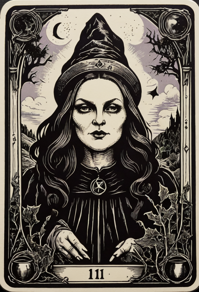 tarot_card, witch, front perspective, flat, frame,( square:1.1), (white outline:1.2)  <lora:tarot_card:1>