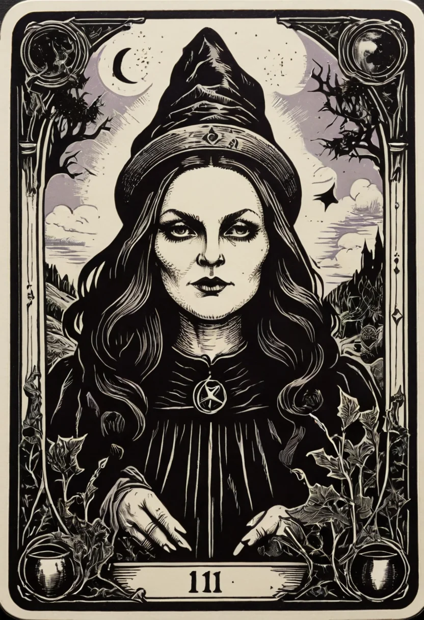 tarot_card, witch, front perspective, flat, frame,( square:1.1), (white outline:1.2) <lora:tarot_card:1>