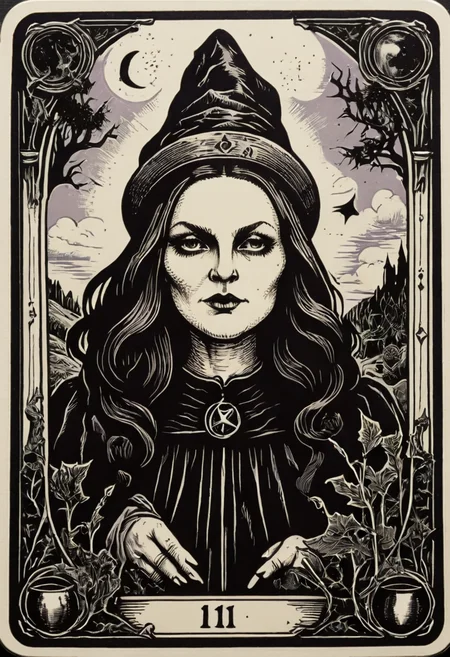 tarot_card, witch, front perspective, flat, frame,( square:1.1), (white outline:1.2) <lora:tarot_card:1>
