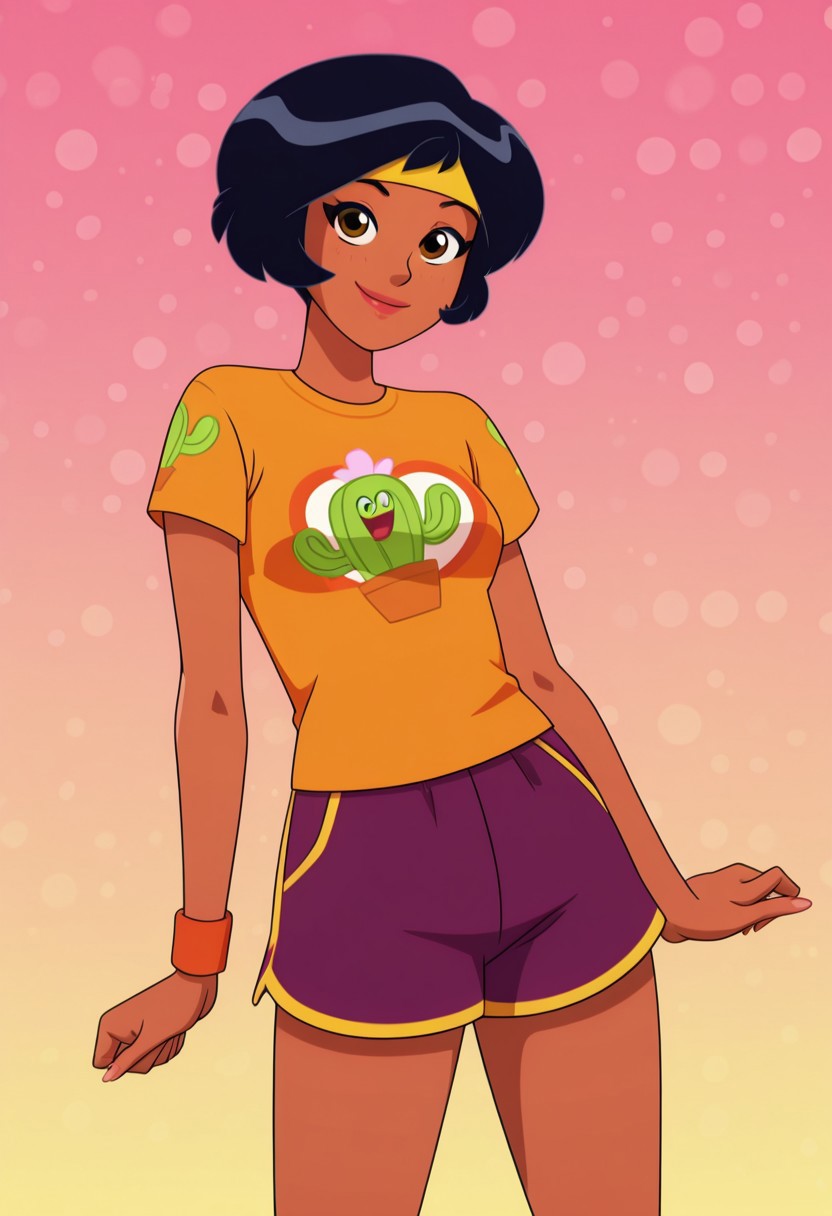 masterpiece, best quality, good quality, 1girl, solo, cartoon, totally_spies_2k24, alex, black hair, brown eyes, dark-skinned female, yellow headband, orange wristband, yellow t-shirt, purple shorts, cactu5 print, sexy, medium breasts, beautiful, detailed, high detailed, very beautiful, detailed face, detailed eyes, detailed hand, fingernails, abstract background, neon, smile, posing, pose, looking at viewer, face focus