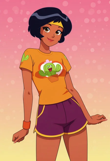 masterpiece, best quality, good quality, 1girl, solo, cartoon, totally_spies_2k24, alex, black hair, brown eyes, dark-skinned female, yellow headband, orange wristband, yellow t-shirt, purple shorts, cactu5 print, sexy, medium breasts, beautiful, detailed, high detailed, very beautiful, detailed face, detailed eyes, detailed hand, fingernails, abstract background, neon, smile, posing, pose, looking at viewer, face focus