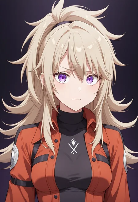 1 girl,sasha necron, purple eyes, blonde hair,long hair, (flipped hair:1.4),medium breasts,