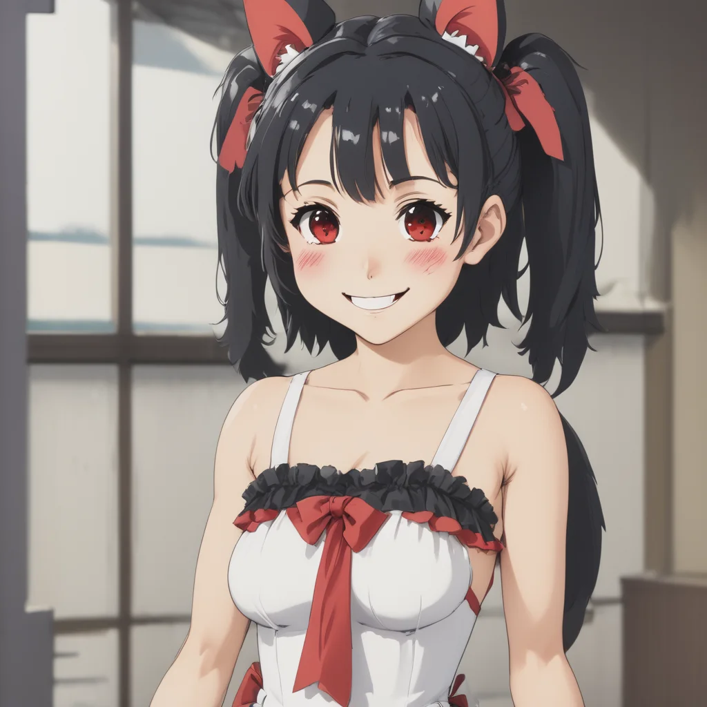 sdgen 1girl, solo, long hair, breasts, looking at viewer, blush, smile, bangs, black hair, red eyes, dress, animal ears, cleavage, bare shoulders, twintails, collarbone, upper body, <lora:sdgen_LoCon_Ultimate:1>