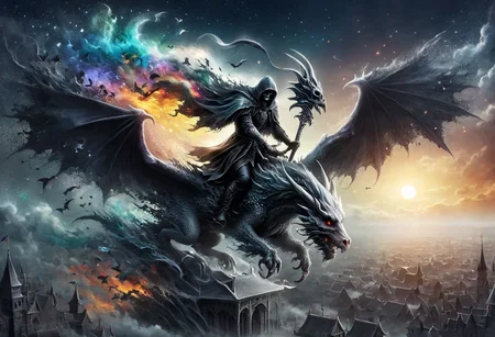 8k, high resolution, best quality, perfect colors, colorful, perfect shadows, perfect lighting, masterpiece, ultra detailed, final showdown super illustration extremely detail, story about a grim reaper riding a skull demon dragon, flying skull dragon, bright moon and stars, dark sky, black cloud, foggy, all range, view of the wizard city from above, Awash in a haze of light leaks reminiscent of film photography, awesome background, cinematic, wide shot, Dutch Tilt, High Angle Shot,