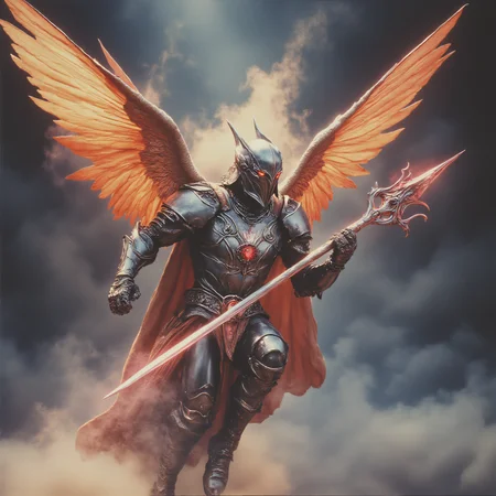 ArsMovieStill, 80s Fantasy Movie Still, Dnd Character, An Aasimar Male paladin with helmet in plate armor, Angelic Wings and calm eyes, the armor is ultra detailed intricate and made of red iron, Full body portrait, flying in the air in a dynamic pose , pointing a spear to a demon he is fighting, the demon is made of pure darkness