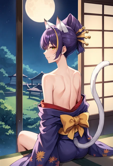 score_9,score_8_up,score_7_up,source_anime,masterpiece,best quality,1girl,solo,little_girl,darudayu_(show_by_rock!!),cat ears,animal ears,purple hair,yellow eyes,tail,cat tail,hair ornament,hair stick,multicolored hair,streaked hair,short hair,kimono,japanese clothes,off shoulder,collarbone,smile,sitting,looking_at_viewer,<lora:darudayuSB69:1>,from behind,looking_back,moon,night,sky,night sky,yellow obi,veranda,