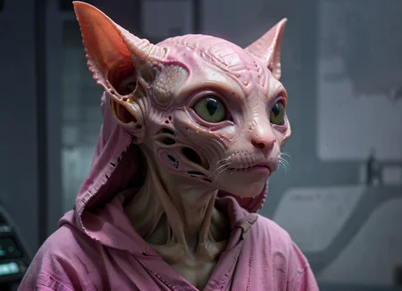 fantasy photoshot, pink (alien:1.2) kitten (species:1.2) head profile, highly detailed, sad, exciting, torn robe <lora:alien-species:0.65>