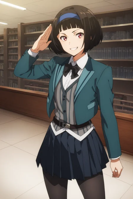 score_9, score_8_up, score_7_up, score_6_up, score_5_up, source_anime, rating_safe, medium breasts, indoors, library, 1girl, solo, looking at viewer, kazuki ferrari, short hair, black hair, bob cut, blue hairband, school uniform, green jacket, white shirt, bowtie, vest, belt, pleated skirt, pantyhose, boots, <lora:Kazuki_Ferrari:0.8>, smile, (smirk:1.2), teeth, (salute:1.1), hand on own hip, standing