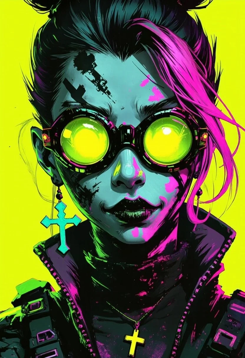 bo-neon, ArcaneFGTNR, a digital illustration in a vibrant, gothic style, it features a close-up of a young woman's face, with striking, exaggerated features, her skin is a pale, almost translucent green, with patches of black and white, resembling a patchwork fabric, her eyes are large and vivid, with a striking, glowing yellow hue, and her lips are full and slightly parted, revealing a playful, mischievous smile, she has dark, straight hair with pink highlights, styled in a high ponytail with a few loose strands framing her face, her makeup is bold and dramatic, with thick, black eyeliner and mascara accentuating her large, expressive eyes, she wears large, turquoise earrings with a cross pendant, and a black, high-collared top with a mix of fur and lace textures, the background is a solid, bright yellow, which contrasts sharply with her vivid colors, making her stand out vividly, the overall composition is dynamic, with the woman's expression and makeup drawing the viewer's attention, high quality, ultra detailed, colorful, grainy, cyberpunk fantasy<lora:ArcaneFGTNR.safetensors:1.0:1.0> <lora:Flux\boFLUX Neon Abyss.safetensors:1.0:1.0>