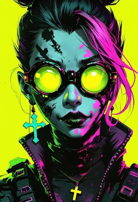 bo-neon, ArcaneFGTNR, a digital illustration in a vibrant, gothic style, it features a close-up of a young woman's face, with striking, exaggerated features, her skin is a pale, almost translucent green, with patches of black and white, resembling a patchwork fabric, her eyes are large and vivid, with a striking, glowing yellow hue, and her lips are full and slightly parted, revealing a playful, mischievous smile, she has dark, straight hair with pink highlights, styled in a high ponytail with a few loose strands framing her face, her makeup is bold and dramatic, with thick, black eyeliner and mascara accentuating her large, expressive eyes, she wears large, turquoise earrings with a cross pendant, and a black, high-collared top with a mix of fur and lace textures, the background is a solid, bright yellow, which contrasts sharply with her vivid colors, making her stand out vividly, the overall composition is dynamic, with the woman's expression and makeup drawing the viewer's attention, high quality, ultra detailed, colorful, grainy, cyberpunk fantasy<lora:ArcaneFGTNR.safetensors:1.0:1.0> <lora:Flux\boFLUX Neon Abyss.safetensors:1.0:1.0>