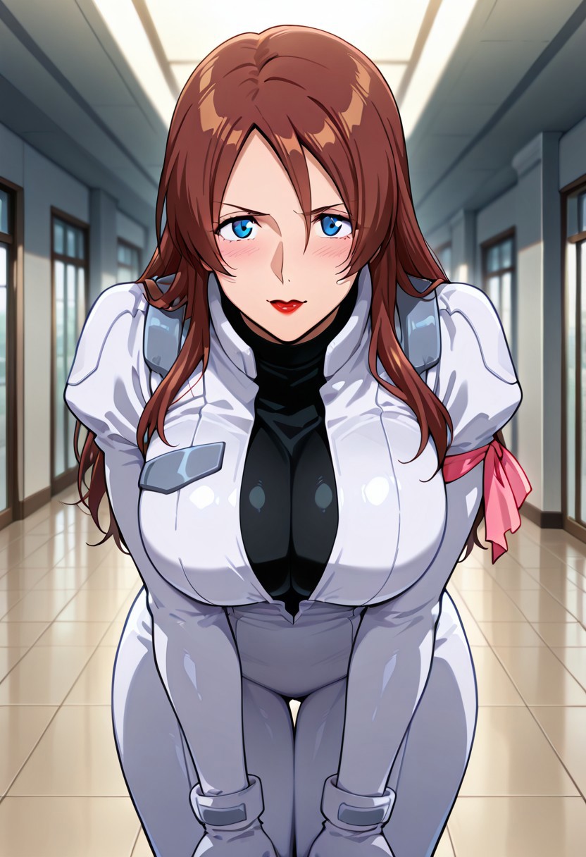masterpiece, best quality,((masterpiece, absurdres)), best quality, amazing quality, newest, 4k, anime coloring, very aesthetic, ray tracing, Smooth Quality, CG,maheria 1 mature female , brown hair, long hair, blue eyes, red lips, pilotsuit, turtleneck t-shirt, arm ribbon,gloves