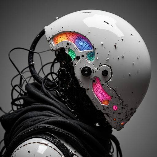 enistyle, A monochrome Vintage Closeup Portrait of the helmet depicting a imposing, Pristine White Sci-fi knight,. intricate Closeup of His perfect designed translucent helmet and armor, The cloak is draped over a black, with exposed wires and mechanical parts visible at her shoulders.. The Warrior is covered in long, dark, sinuous tendrils that resemble tentacles, emerging from its back and wrapping around its arms, adding a menacing, alien quality. These tendrils are covered in small, metallic hooks and are attached to the figure's back, creating a chaotic, almost monstrous appearance. Her helmet is a futuristic, with multiple lines suggesting motion or energy discharges. bleaked neon pink, Green, blue, orange atmospheric neon lighting,