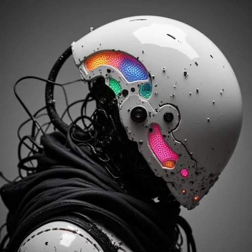 enistyle, A monochrome Vintage Closeup Portrait of the helmet depicting a imposing, Pristine White Sci-fi knight,. intricate Closeup of His perfect designed translucent helmet and armor, The cloak is draped over a black, with exposed wires and mechanical parts visible at her shoulders.. The Warrior is covered in long, dark, sinuous tendrils that resemble tentacles, emerging from its back and wrapping around its arms, adding a menacing, alien quality. These tendrils are covered in small, metallic hooks and are attached to the figure's back, creating a chaotic, almost monstrous appearance. Her helmet is a futuristic, with multiple lines suggesting motion or energy discharges. bleaked neon pink, Green, blue, orange atmospheric neon lighting,