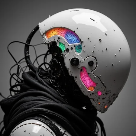 enistyle, A monochrome Vintage Closeup Portrait of the helmet depicting a imposing, Pristine White Sci-fi knight,. intricate Closeup of His perfect designed translucent helmet and armor, The cloak is draped over a black, with exposed wires and mechanical parts visible at her shoulders.. The Warrior is covered in long, dark, sinuous tendrils that resemble tentacles, emerging from its back and wrapping around its arms, adding a menacing, alien quality. These tendrils are covered in small, metallic hooks and are attached to the figure's back, creating a chaotic, almost monstrous appearance. Her helmet is a futuristic, with multiple lines suggesting motion or energy discharges. bleaked neon pink, Green, blue, orange atmospheric neon lighting,