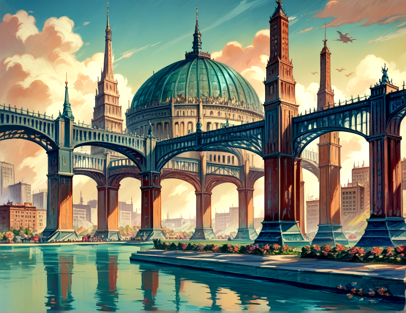 score_9, score_8_up, score_7_up,
<lora:Soviet_Gothic_(Architecture)_(Pony)_(AD):0.8> Soviet Gothic, monumental architecture, architecture, city, cityscape, scenery, building, skyscraper, 
8K, In'ei, chiaroscuro, rim lighting, perfect depth of field shot, beautiful, subsurface scattering, idealized city, wide beautiful boulevards, busy city center, parks and manicured lawn areas, large parks, plazas, detailed fluffy anime clouds, skyscrapers, made out of limestone, gothic style, photographic realism, soft lighting, soft shading,  art by Thomas Kinkade, Soviet, Communist, 
BREAK zPDXL, zPDXLxxx, <lora:wowifierXL:0.2> art by mooncryptowow <lora:sdxl_lightning_8step_lora:0.4> <lora:detailed_notrigger:0.5>