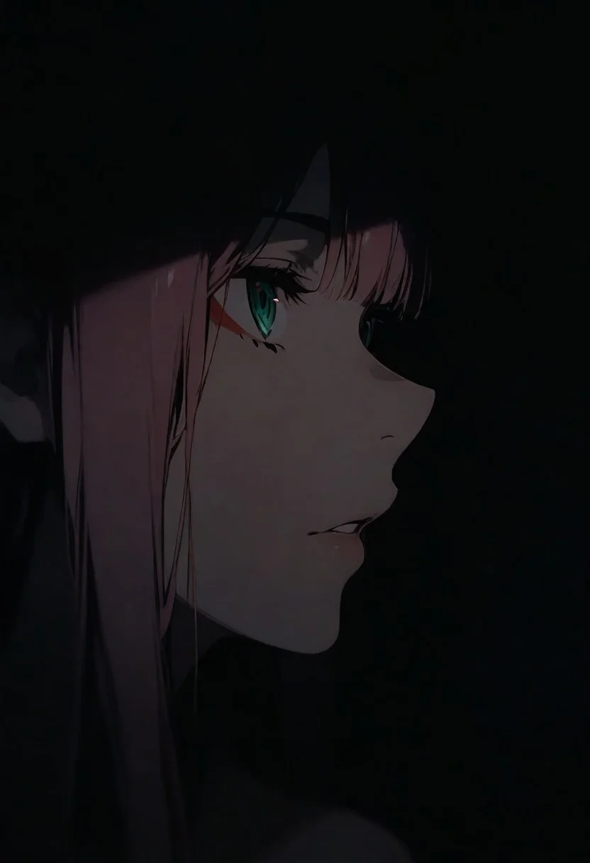 1girl, Zero Two (Darling In The FranXX), solo, dark, light, masterpiece, best quality, very aesthetic, close up, parted lips