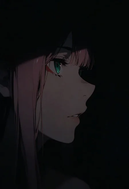 1girl, Zero Two (Darling In The FranXX), solo, dark, light, masterpiece, best quality, very aesthetic, close up, parted lips