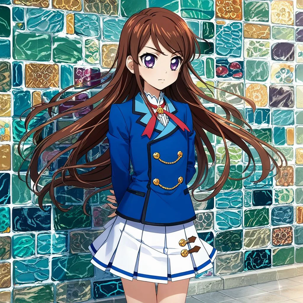 score_9, score_8_up,score_7_up,game cg,official art, uncensored, convenient censoring, covering privates,
rating_safe,
modeling, expressive hair, expressive clothes, dutch angle,wind
contrapposto,pigeon-toed
against wall,, arms behind back,tile wall,
<lora:shibranVXV:0.8> shibukiran, purple eyes, brown hair, long hair, starlight academy school uniform,,blue jacket,white skirt