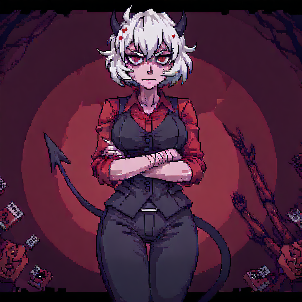 masterpiece, best quality, newest, absurdres, highres, pixel art, TLSS-ILV1.0, 1girl, malina (helltaker), demon girl, short hair, white hair, horns, demon tail,