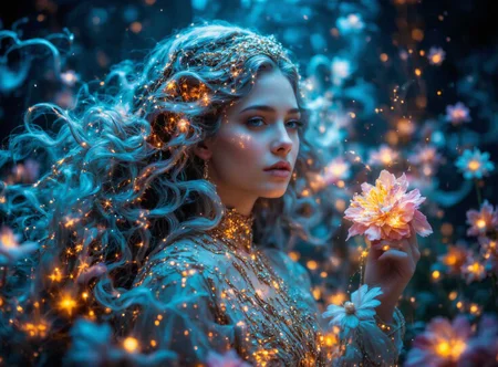 A celestial being gracefully tending to a dreamlike garden where plants are woven from pure stardust,their delicate tendrils swirling like cosmic mist. Bioluminescent flowers bloom in hypnotic waves,shifting through iridescent colors as if breathing with the rhythm of the universe. The figure’s hair,flowing like liquid silver,cascades in slow motion,reflecting constellations that shimmer and shift with every movement. Their luminous eyes hold the vastness of the cosmos,twin galaxies swirling within. As they gently touch a delicate petal,the flower unfurls into a breathtaking nebula,scattering brilliant particles into the air. Tiny luminous fireflies,each resembling miniature stars,hover in the misty atmosphere,casting a soft,otherworldly glow over the surreal,weightless landscape. The entire scene feels suspended in time,an eternal moment of creation and celestial wonder.,<lora:aidmaFLuxPro1.1_v0.3:0.65>,aidmafluxpro1.1 <lora:Detail_Detailed_Portrait:0.8>