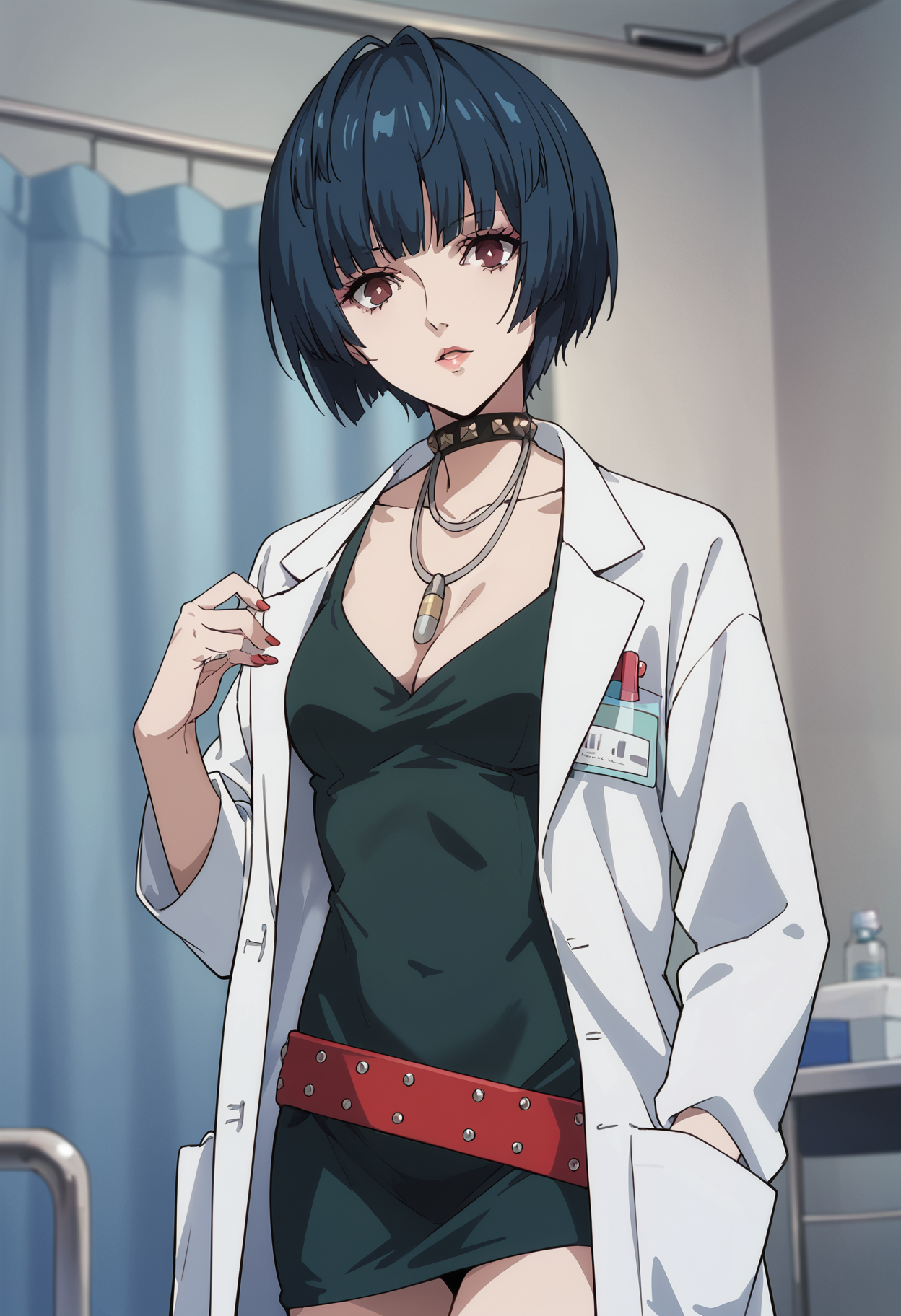score_9, score_8_up, score_7_up, (source_anime), 1 girl, solo, cute face,
p5tae, tae takemi, short hair,
labcoat, necklace, choker, studded collar, short dress, dark green dress, cleavage, red belt,
cowboy shot,
infirmary, hospital room, looking at viewer,
masterpiece, best quality, ultra detailed, absurdres, very aesthetic
