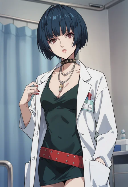 score_9, score_8_up, score_7_up, (source_anime), 1 girl, solo, cute face,
p5tae, tae takemi, short hair,
labcoat, necklace, choker, studded collar, short dress, dark green dress, cleavage, red belt,
cowboy shot,
infirmary, hospital room, looking at viewer,
masterpiece, best quality, ultra detailed, absurdres, very aesthetic