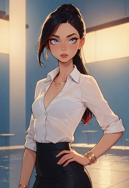 safe_pos, score_9, score_8_up, score_8, 1girl, solo, perfect face, light blue eyes, boot heels, formal white shirt, black skirt, cowboy shot, small breasts, long black hair, red highlights, elegant ponytail, bracelet, necklace, parted bangs, hand on hip, refined, volumetric lighting, cinematic lighting, blurry background, close up