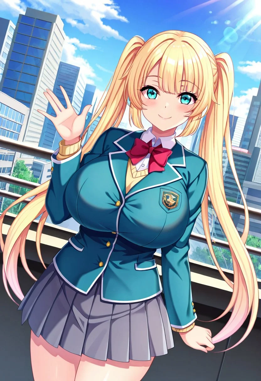 general,highres, ultra-detailed,very aesthetic,best quality ,best hands,best eyes,easynegative,
dynamic anglre, dutch angle, anime cloring,
1girl solo,looking at viewer,city,outdoors,smile,waving hand,
Tia,blonde_hair, huge breasts,aqua eyes,long twintails,school uniform,