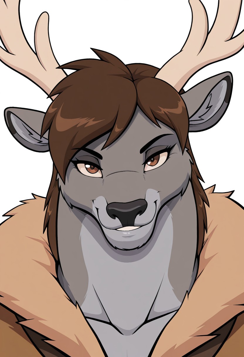 art_style_droll3ill, masterpiece, best quality, amazing quality, high detail, 1boy, solo, anthro deer, grey body, antlers of deer, brown eyes, deer face, BREAK, portrait, looks at the viewer, smiles, shows the micah sign, white background,