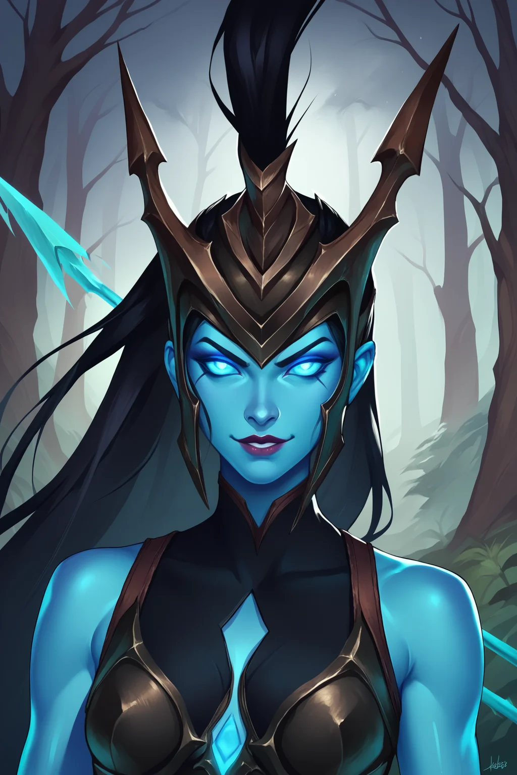 score_9, score_8_up, score_7_up, score_6_up, score_5_up, score_4_up, KalistaLoLXL, no pupils, blue eyes, glowing eyes, black hair, long hair, helmet with very long ponytail, blue skin, colored skin, spear, armor, breadchest, bare shoulders, bodysuit only shirt, spears pierced, (portrait shot, upper body:1.1), seductive smile, looking at viewer, forest, tree <lora:KalistaLoLXL:0.8>