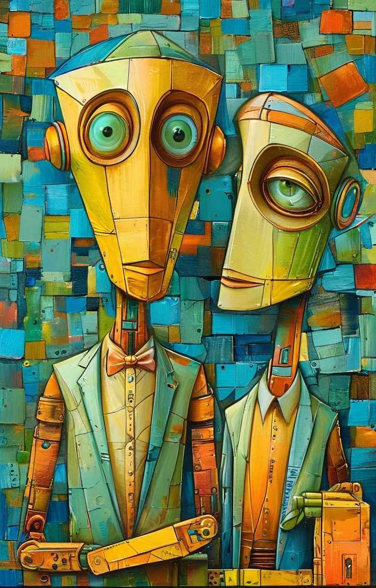 masterpiece,best quality,<lora:tbh203-sdxl:0.9>,illustration,style of Wlad Safronow portrait of Housework robots