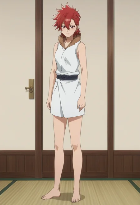 source_anime,anime screencap, anime coloring,intricate details,rating_safe, masterpiece, best quality,
(best quality, absurd res, ultra detailed),,(4 finger:0.5),1girl, ((solo)), good eyes,perfect eyes,,detailed eyes, zPDXLxxx , zPDXL3,detailed, detailed face
BREAK
solo,indoors,standing,front view,full body,
mera, 1girl, red eyes, red hair, hair between eyes, fur trim, Japanese clothes, sleeveless, barefoot,
, <lora:add-detail-xl:2>   <lora:Mera:0.8>
