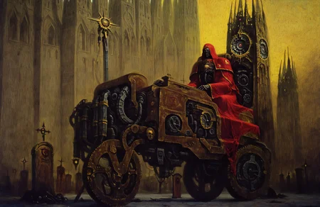 best quality, high res, masterpiece, (detailed:1.1), oil painting \(medium\), painterly, realistic, perspective, traditional media, artist: beksinski, no humans, cathedral, church, gravestone, engine, mechanical parts, color, bold details, grimdark, warhammer 40k, science fiction,
<lora:artist Beksinski Illustrious01:0.7>