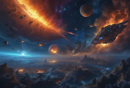 High resolution ultra-realistic panoramic shot, Apocalypse and starships, view from orbit, 8k resolution picture by Edward John Poynter, Artgerm, WLOP, Keith Parkinson dynamic lighting hyperdetailed intricately detailed Splash art trending on Artstation triadic colors Unreal Engine, 5, volumetric lighting, Cinematic Lighting, intricate, smooth, sharp focus digital painting, Asymmetrical Balance, hyperdetailed painting, dynamic lighting <lora:detailed_notrigger (1):1> <lora:sdxl_lightning_2step_lora:1>