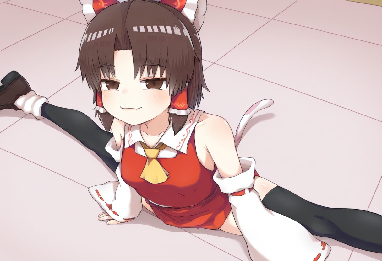 best quality, masterpiece, from above,
1girl, solo, benikirage \(cookie\), (hakurei reimu:0.5),
 parted bangs, zettai ryouiki, nontraditional miko,
front sitting split, :3, smug, 
skinny, cat tail, dynamic pose,