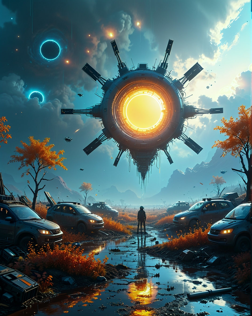 Bastien Grivet: (sci-fi surrealism), (geometric minimalism), (alien vistas), (monochrome accents),Singularity rave dusk with black hole bass, Autumn solar wind pruning satellite orchards Celestial scrapyard with star-metal smelters under Hardware rust storm oxidizing drone swarms conditions, illuminated by Optical camouflage shimmer on spy drones,  beneath Cirrus spissatus praecipitatio leaking equations rain where brainstem ranchers herding psychic cattle,
<lora:extremely_detailed:0.35> extremely detailed,
<lora:Flux-XL_Scenery:0.55> flux-scenery, 
<lora:add-detail-xl:0.4>,
 <lora:DetailMaximizer:0.05>, 
<lora:MidjourneyV6.1:0.25> midjourneyv6.1,
 <lora:Dream Scenery XL:0.7> Dream Scenery,
 detailxl