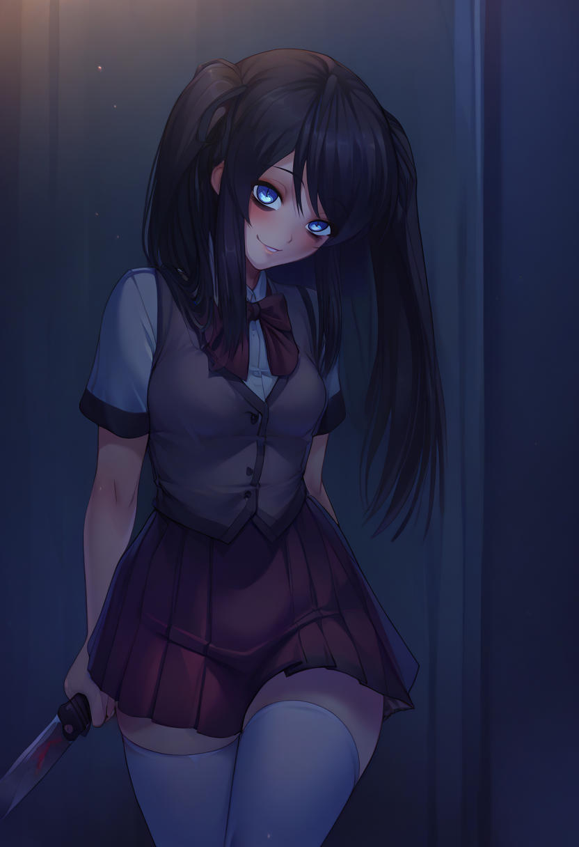 score_9,score_7_up,(source_anime),zPDXL2,bedroom BREAK
ar1sa,1girl,solo,long hair,looking at viewer,blush,smile,blue eyes,(black hair),twintails<lora:arisa4:1>skirt,bow,school uniform,hair ribbon,pleated skirt,vest,white thighhighs,zettai ryouiki<lora:CreepyHeadTilt:2.5>head tilt,knife,short sleeves,yandere,
