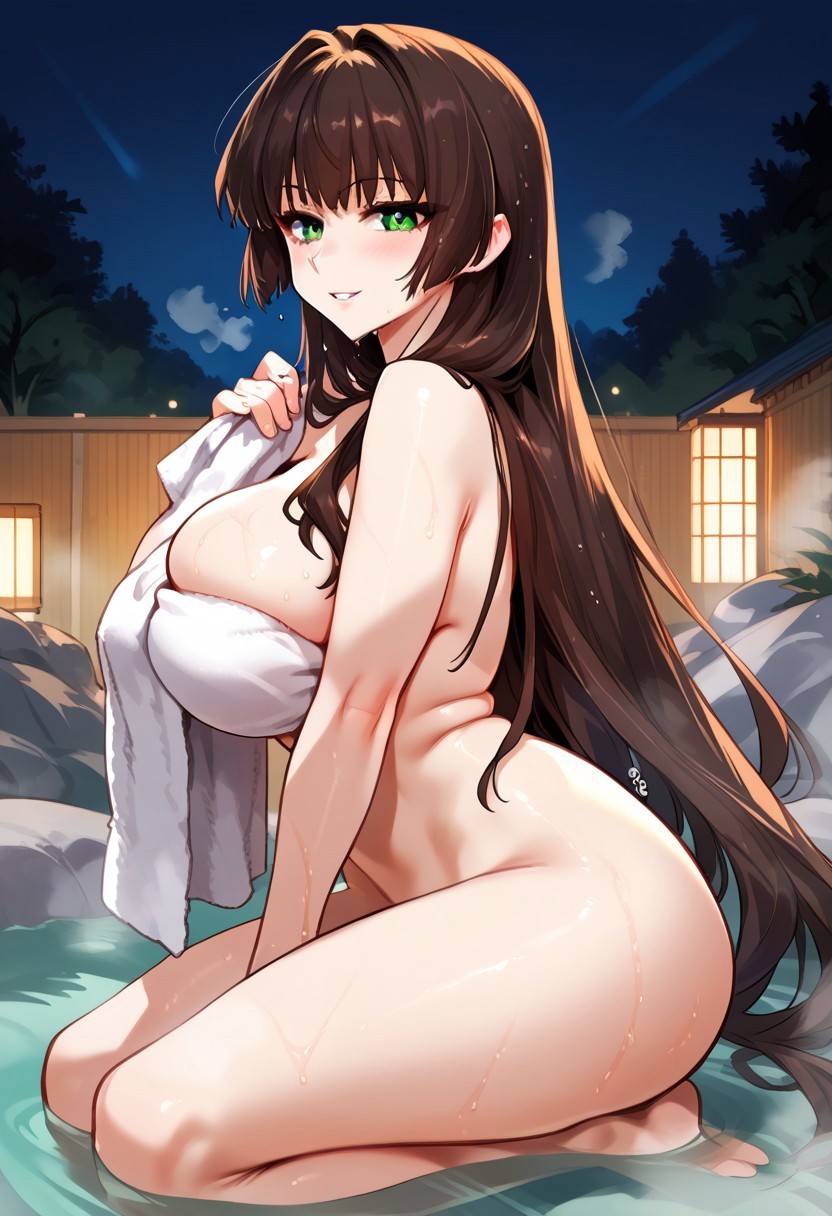safe_pos, zPDXL3, score_9_up, score_8_up, score_7_up, (Anime_source), 1girl, Hotarumaru, green eyes, dark brown hair, long hair, large breast, nude, towel, covering, parted lips, smile, kneeling in hot tub, outside, night, trees, cowboy shot, steam, wet, looking at viewer, from side, blush