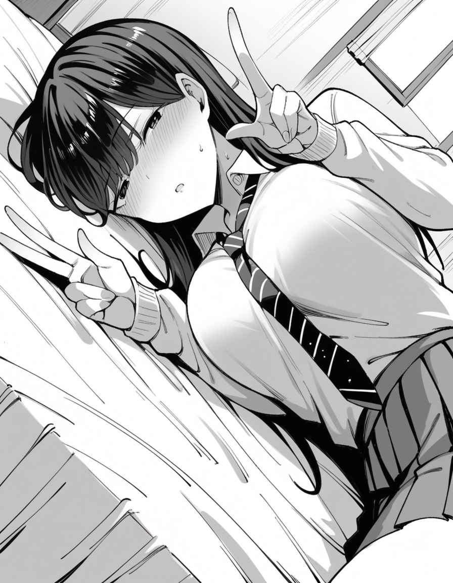 score_9, score_8_up, score_7_up, source_anime, <lora:manno-kuroda-manga-ponyxl-lora-nochekaiser:1>, kuroda, greyscale, monochrome, large breasts, long hair, bangs, school uniform, skirt, necktie, pleated skirt, rolled-up sleeves, shirt, collared shirt,, indoors, bed, bed room, on side, blush, drunk,, , , v, v over eyes,, solo,, cowboy shot, dutch angle