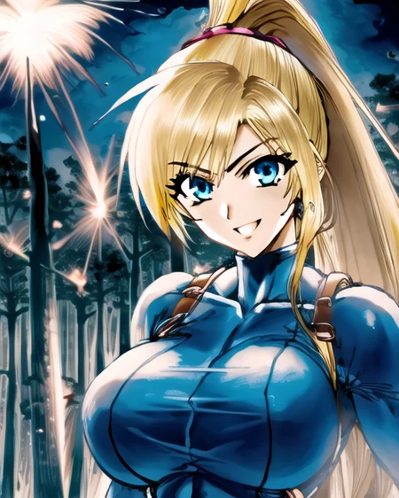 masterpiece, best quality, 1girl, solo, thegoldensmurf-8100, (samus aran), (blonde hair), (blue eyes), ((portrait)), perfect face, ((forest)), ((zero suit)), ponytail, bright colours, ((((night)))), street fighter, upper body, ((small breasts)), epic, ((realistic)), (((giant explosions))), white background,