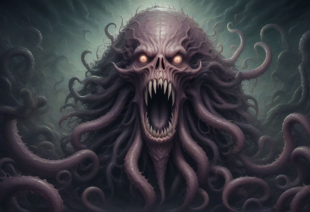 Lovecraft abomination looms in the shadows, its form defying earthly logic. Tentacles writhe from its grotesque body, each ending in an eye that gazes into infinity. Its maw, filled with rows of razor-sharp teeth, drips with otherworldly ichor. Its presence radiates an aura of cosmic dread, driving mortal minds to the brink of insanity. Capture the eldritch horror and incomprehensible terror it embodies Nightmare color palette. DEVIL SPAWN