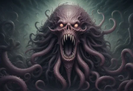 Lovecraft abomination looms in the shadows, its form defying earthly logic. Tentacles writhe from its grotesque body, each ending in an eye that gazes into infinity. Its maw, filled with rows of razor-sharp teeth, drips with otherworldly ichor. Its presence radiates an aura of cosmic dread, driving mortal minds to the brink of insanity. Capture the eldritch horror and incomprehensible terror it embodies Nightmare color palette. DEVIL SPAWN