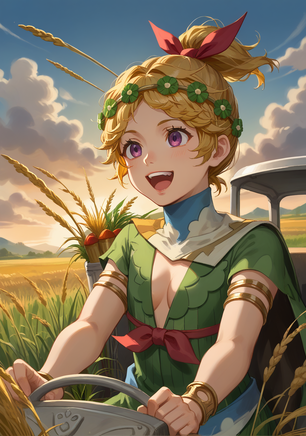 score_9, score_8_up, score_7_up, source_anime,high detail,detailed face,1girl,demetersmt, blonde hair, ponytail, head wreath, purple eyes, green dress, cleavage, cape, armlet, bracelet <lora:zs_DemeterXL:1>,depth of field,sunset,sky, clouds,wheat field,laughing,open mouth,happy, combine harvester,ground vehicle,motor vehicle,grass,outdoors,day,sky,driving,sitting,field,short sleeves, skirt, wheat,wheat field, <lora:combineharvester_XL_v2:0.7> dutch angle, upper body,
