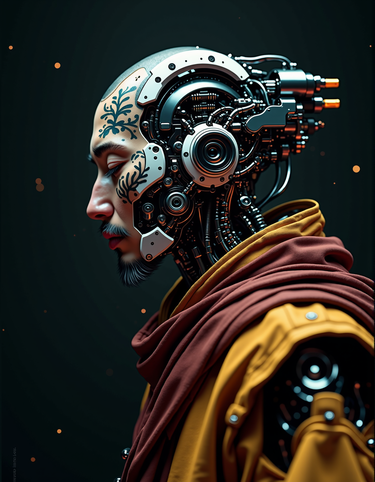 (close up portrait) meditating Tibet monk with (cyborg face parts:1.95),(cyborg cybernetic enhancements:2.7),(tibet tattoos on the whole face:1.3), sci-fi character portrait by greg rutkowski, craig mullins, cinematic lighting, dystopian sci-fi outfit, profile picture, mechanical, cyborg, half robot ultra realistic 8k resolution.
...   <lora:ck-nc-pastel-cyberpunk:0.7> A digital artwork in the style of cknc,